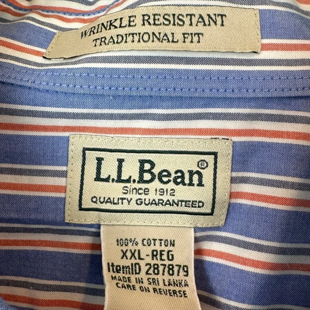 L.L. Bean Shirt Mens 2XL Traditional Fit Blue Orange Striped Button Down Casual
